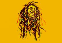 A vibrant abstract portrait features Bob Marley with yellow and dark geometric shapes, 2K Desktop Wallpaper
