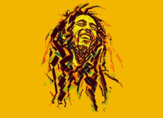 A vibrant abstract portrait features Bob Marley with yellow and dark geometric shapes, 2K Desktop Wallpaper