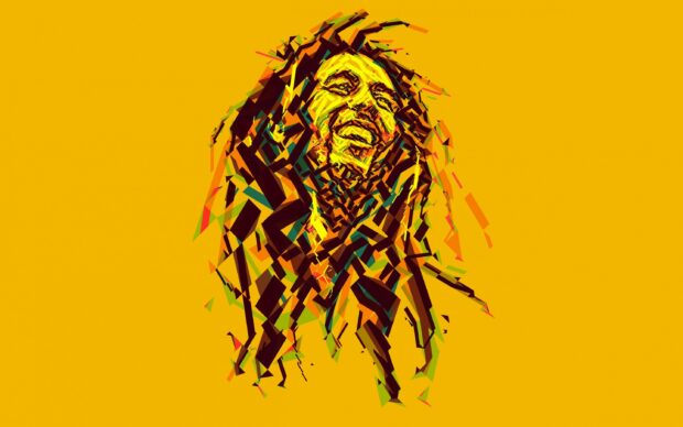 A vibrant abstract portrait features Bob Marley with yellow and dark geometric shapes, 2K Desktop Wallpaper