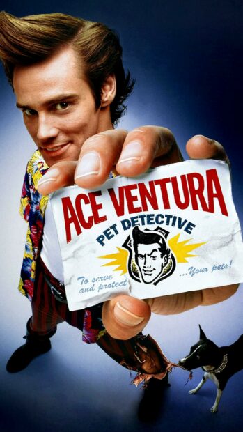 Jim Carrey character holding an Ace Ventura Pet Detective card with a dog nearby, 2K Phone Wallpaper