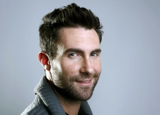 A close up portrait of Adam Levine smiling in a gray sweater, 2K Desktop Wallpaper