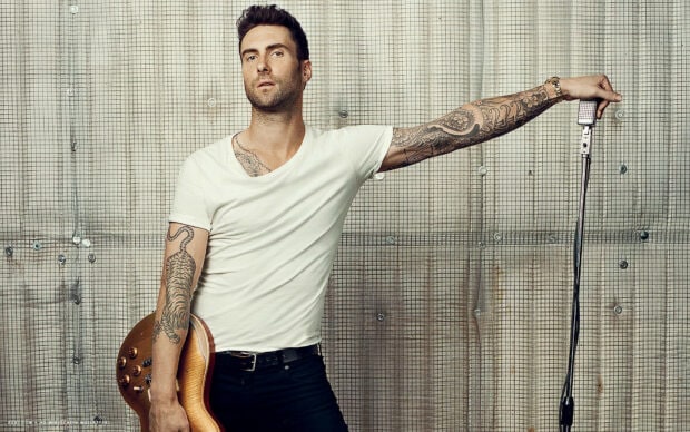 Adam Levine posing with an electric guitar and holding a vintage microphone, HD Desktop Wallpaper
