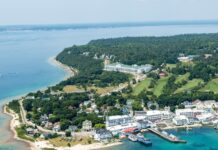 The aerial view captures Mackinac Island harbor surrounded by greenery and buildings, HD Desktop Wallpaper