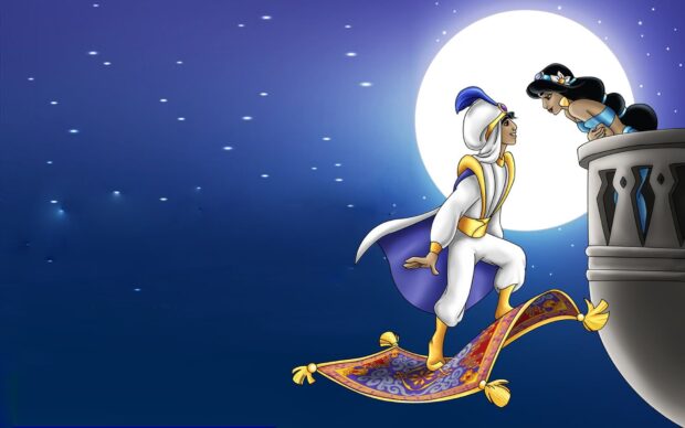 Aladdin on a magic carpet meets Princess Jasmine at the balcony under a starry night, Desktop Wallpaper