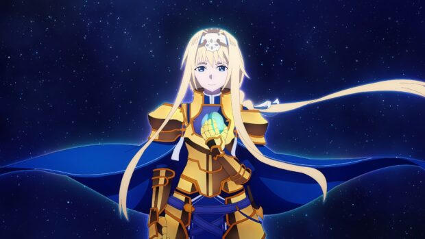 A character from Sword Art Online holds a glowing orb in her hands against a starry sky, 4K Desktop Wallpaper