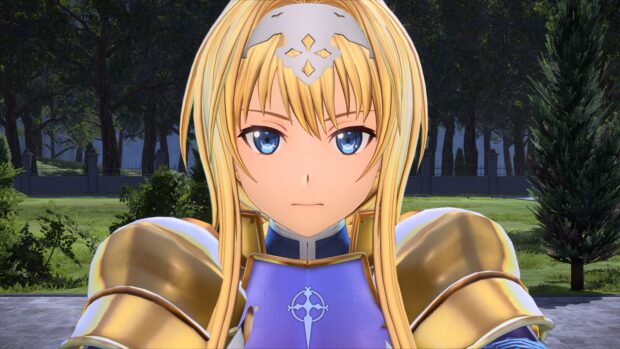 A close up of Alice in golden armor from Sword Art Online standing outdoors, 4K Desktop Wallpaper