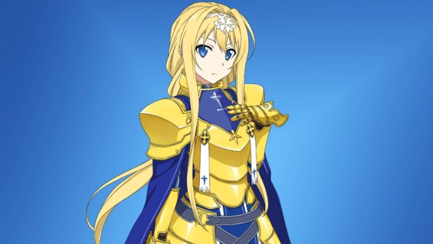 Alice wearing golden armor stands with a serious expression in Sword Art Online wallpapers, 4K Desktop Wallpaper