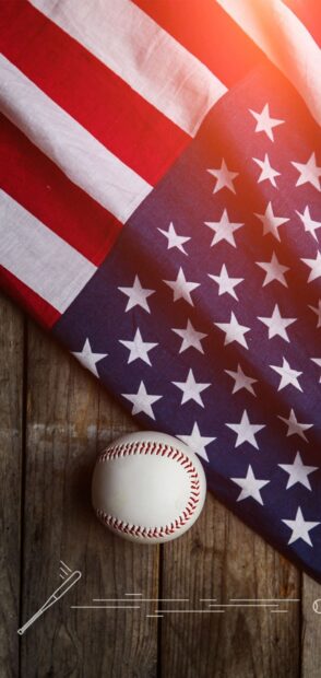 A baseball lies next to an American flag on a wooden floor in this Major League Baseball Wallpapers scene, HD Phone Wallpaper