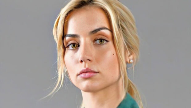 Ana De Armas close up portrait with blonde hair and green eyes against a gray background, 4K PC Wallpaper