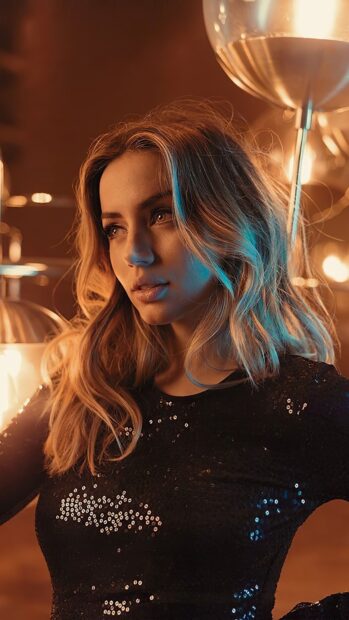 A portrait of Ana De Armas with warm lighting highlighting her face, 4K Phone Wallpaper