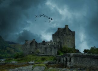 Medieval stone castle under dark stormy sky with flock of birds flying overhead.