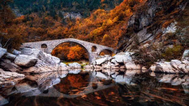 The Bulgaria Wallpapers show an old stone bridge surrounded by autumn trees reflecting in the calm river, 4K Wallpaper