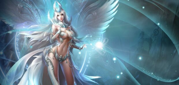A magical angel warrior from League Of Angels wallpapers is casting a powerful spell in a mystical setting, HD Desktop Wallpaper