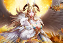 Fantasy angel warrior with white wings and a lamb, promotional artwork for League of Angels game.
