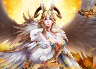 Fantasy angel warrior with white wings and a lamb, promotional artwork for League of Angels game.