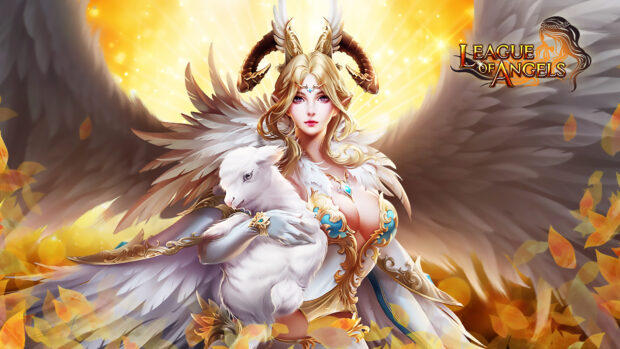 A powerful angel warrior holds a white lamb surrounded by golden light with League Of Angels Wallpapers, HD Desktop Wallpaper