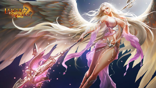 A magical angel warrior holds a glowing spear with white wings in League Of Angels Wallpapers, HD Desktop Wallpaper