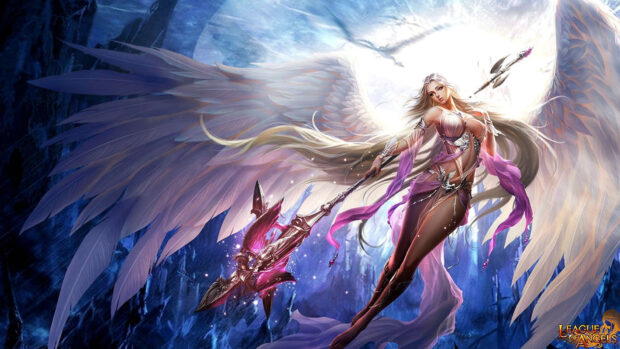A powerful angel warrior from League Of Angels wallpapers wields a glowing staff in a mystical forest setting, HD Desktop Wallpaper