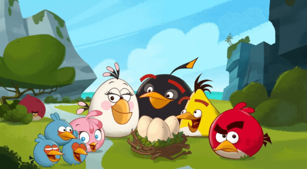Các nhân vật Angry Birds tụ tập gần nhau quanh một tổ trứng trong bối cảnh ngoài trời tươi sáng, Hình nền máy tính HD