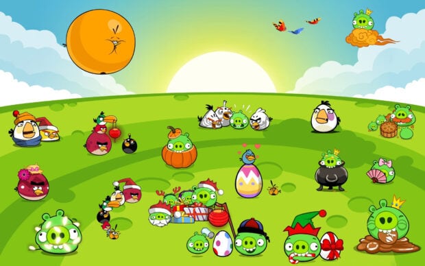 Hình ảnh cho thấy nhiều nhân vật Angry Birds và những chú lợn tụ tập trên một ngọn đồi xanh đầy nắng với bầu trời trong xanh, Hình nền máy tính HD