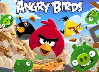 Angry Birds characters attacking green pigs in a colorful scene, 4K Desktop Wallpaper