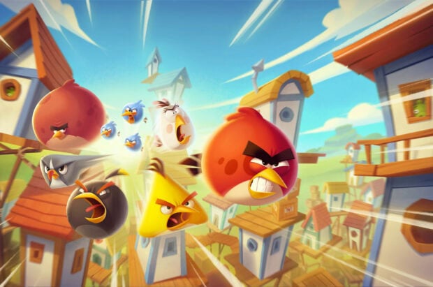 Hình nền Angry Birds cho thấy những chú chim chính tấn công trong một khung cảnh làng quê đầy màu sắc, Hình nền máy tính HD