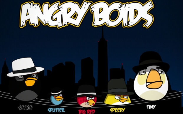 Các nhân vật Angry Birds hóa trang thành gangster trước đường chân trời thành phố vào ban đêm, Hình nền máy tính HD