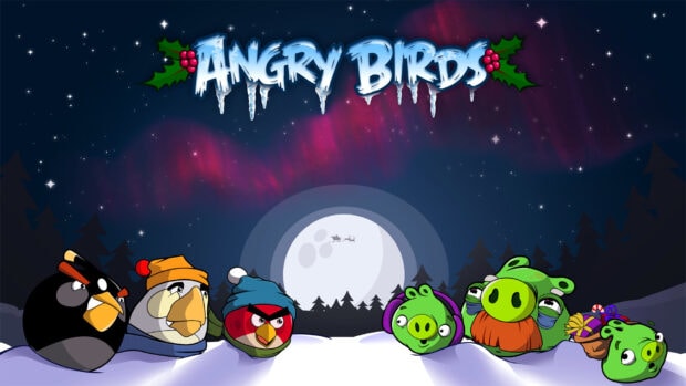 Các nhân vật Angry Birds trong khung cảnh tuyết phủ dưới ánh trăng và cực quang phương bắc, Hình nền máy tính HD