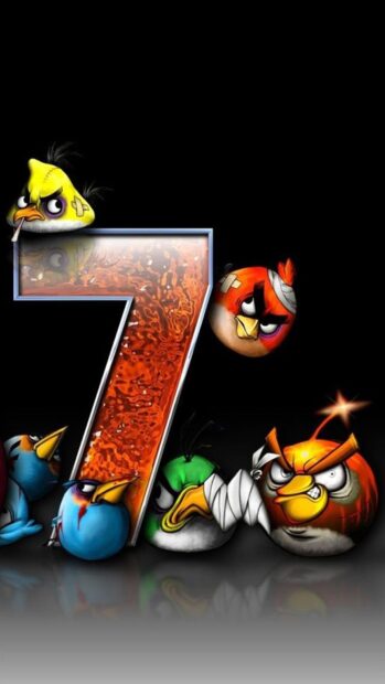 Các nhân vật Angry Birds tụ tập xung quanh một con số lớn bảy với nền tối, Hình nền điện thoại HD
