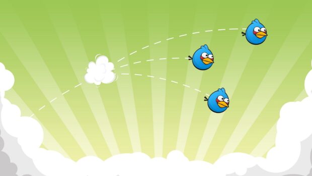 Ba chú chim Angry Birds màu xanh đang bay trên bầu trời xanh với những đám mây trắng và những đường kẻ chỉ đường bay của chúng, Hình nền máy tính HD