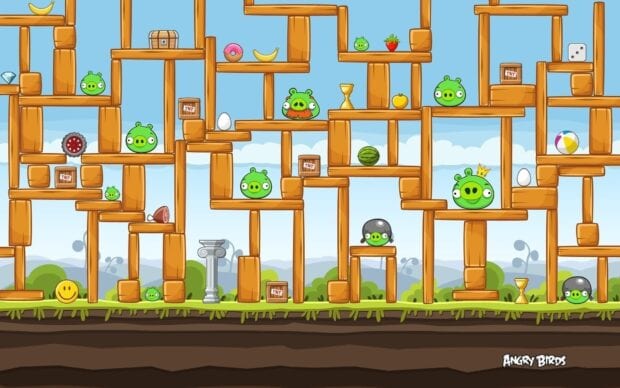 Một cảnh trong Angry Birds có nhiều chú lợn xanh giữa các cấu trúc bằng gỗ với các vật phẩm, Hình nền máy tính HD