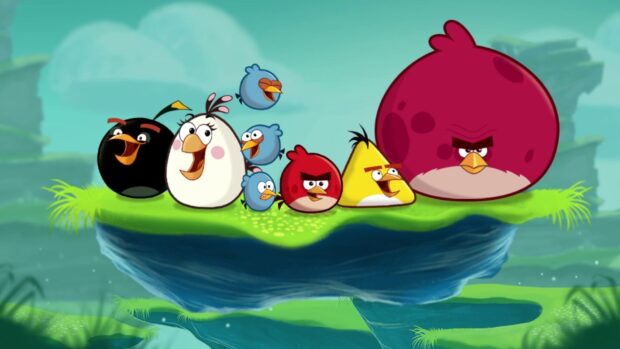 Nhóm Angry Birds đang đứng cùng nhau trên một hòn đảo nổi trên bầu trời đầy màu sắc, Hình nền máy tính HD