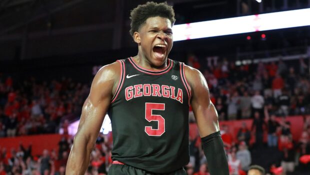 Anthony Edwards celebrating during a basketball game wearing a Georgia jersey with number 5