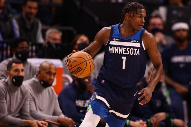 Anthony Edwards dribbling the basketball during a Minnesota Timberwolves game