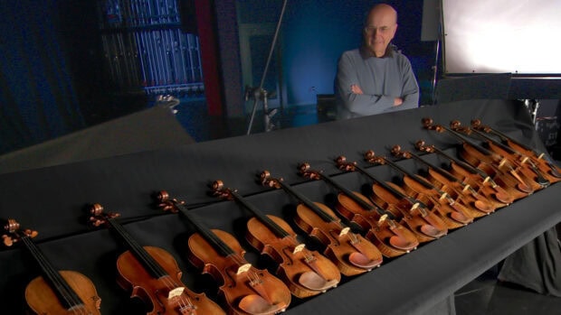A man stands behind a collection of antique violins arranged on a black cloth, Violin Wallpapers, 4K Desktop Wallpaper