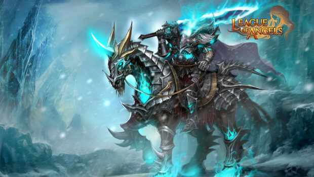 A fierce armored warrior rides a glowing horse in a mystical icy landscape from League Of Angels, HD Desktop Wallpaper