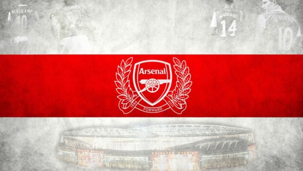Arsenal crest and stadium with legendary players in the background