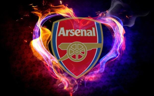 Arsenal Fc logo surrounded by purple and orange flames on a dark background