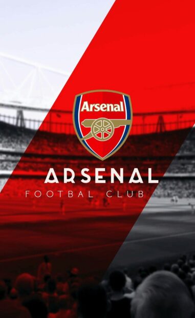 Arsenal logo with Arsenal Fc text overlay on a football stadium background