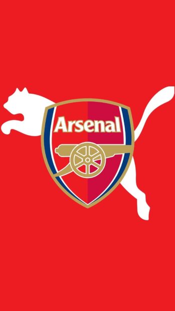 Red background with the Arsenal logo and a white puma silhouette on a mobile screen