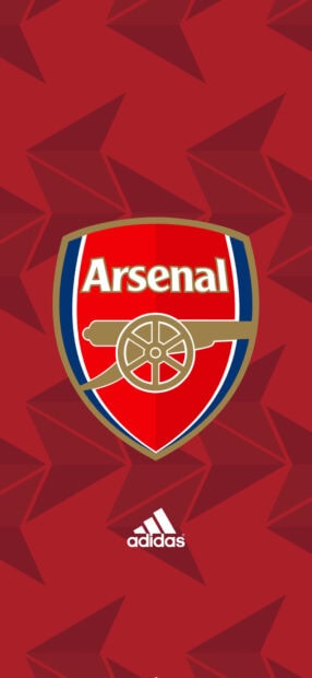 The Arsenal FC logo is displayed on a red patterned background with Adidas branding