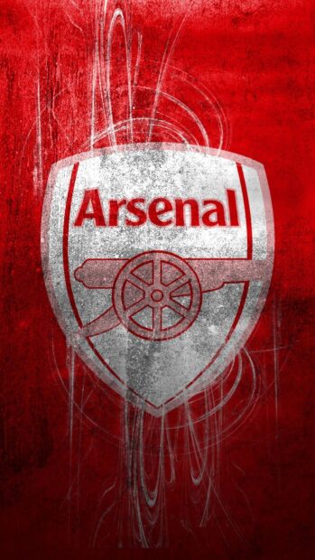 The Arsenal logo is displayed on a textured red background with artistic white swirl effects