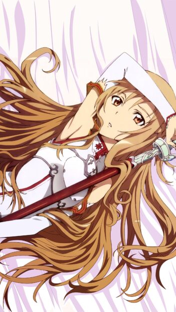Asuna lies with her sword resting gently, Sword Art Online Wallpapers, 2K Mobile Wallpaper