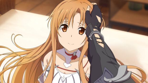 Asuna smiles gently as a hand comforts her head in a tender moment from Sword Art Online wallpapers, 4K Desktop Wallpaper