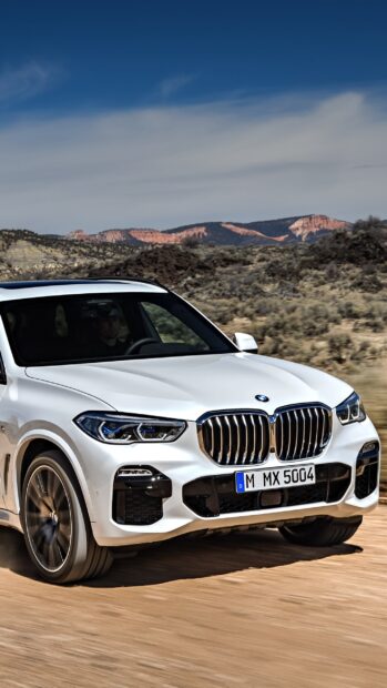 A white BMW X5 is driving fast on a dusty dirt road with mountains in the background, 2K Phone Wallpaper