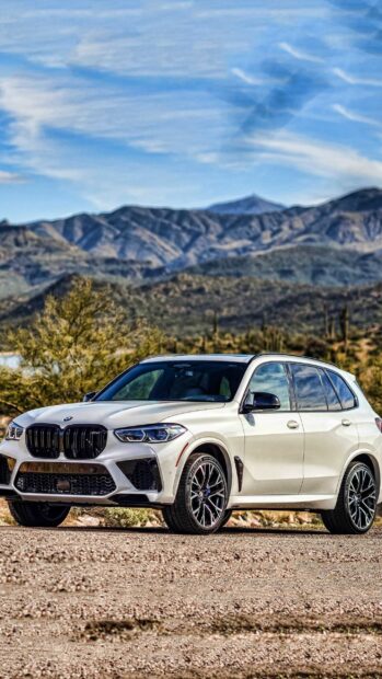 A white BMW X5 is parked on a rocky surface with mountains and a blue sky in the background, 2K Phone Wallpaper