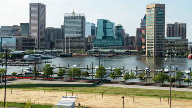 A clear view of Baltimore skyline with waterfront and boats in the harbor