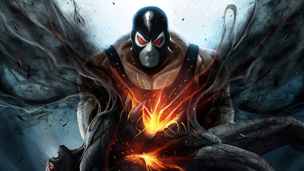 Bane character with fiery energy in his hands surrounded by dark smoky effects