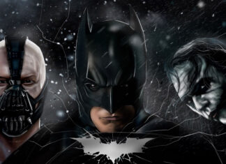 Bane standing next to Batman and the Joker in a dark intense scene