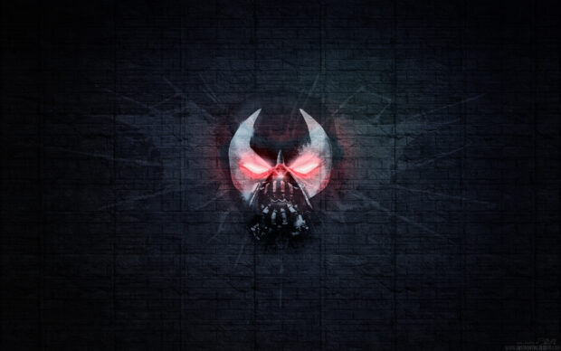 Dark Bane mask with glowing red eyes on a textured wall background